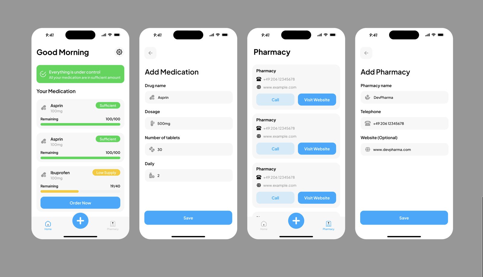 Medication Reorder Reminder app screens: medication supply overview with sufficient and low-supply states, an add-medication form, a pharmacy directory with call and visit actions, and an add-pharmacy screen.