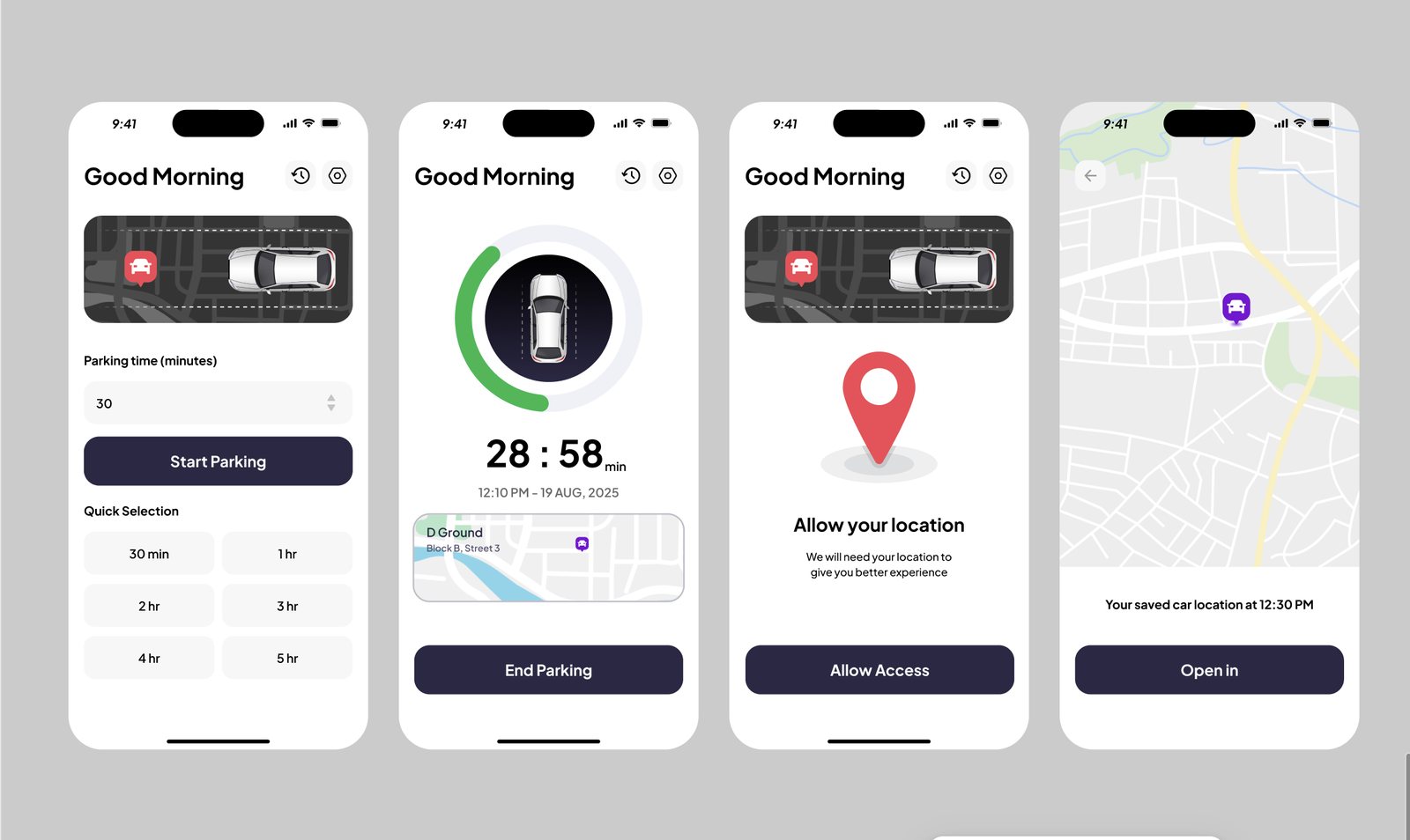 Parking Time Alert app screens: parking timer setup with quick-select durations, a live countdown with a car graphic, location permission prompt, and saved car location on a map.