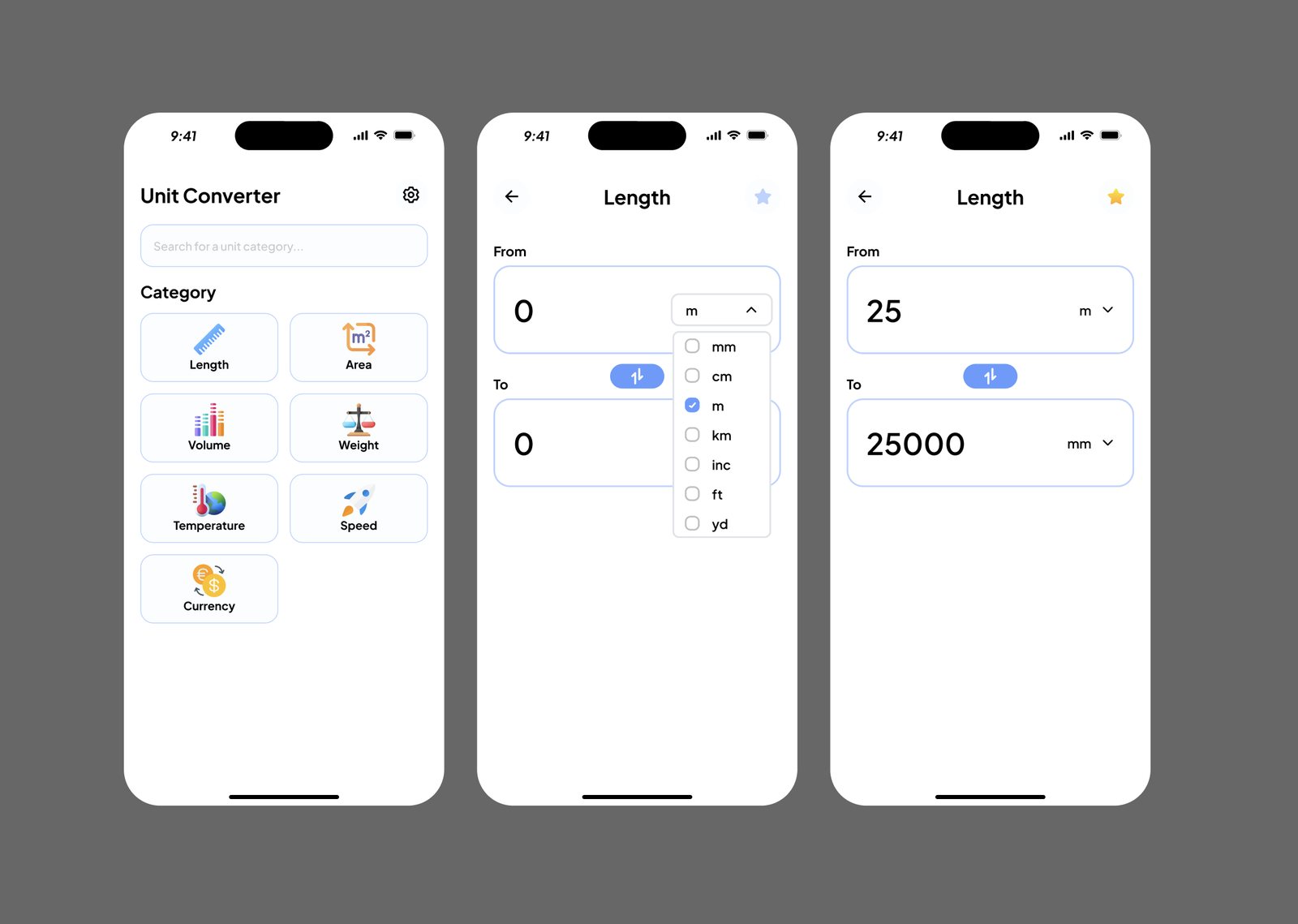 UniConvert unit converter app screens: category grid for length, area, volume, weight, temperature, speed and currency, plus a from-to converter with unit dropdowns and a swap control.